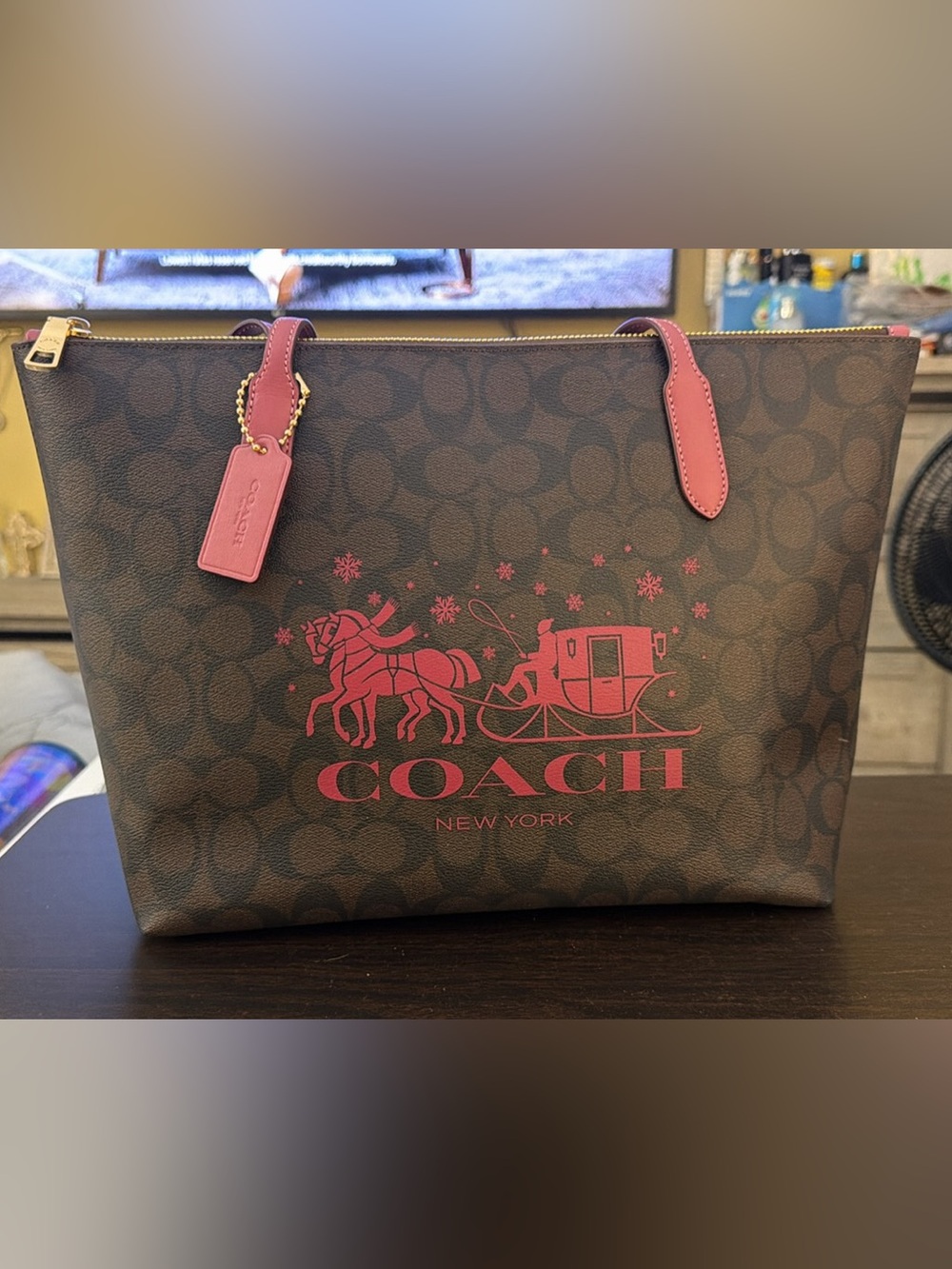 Coach Brown Signature Tote with Pink Logo and Trim